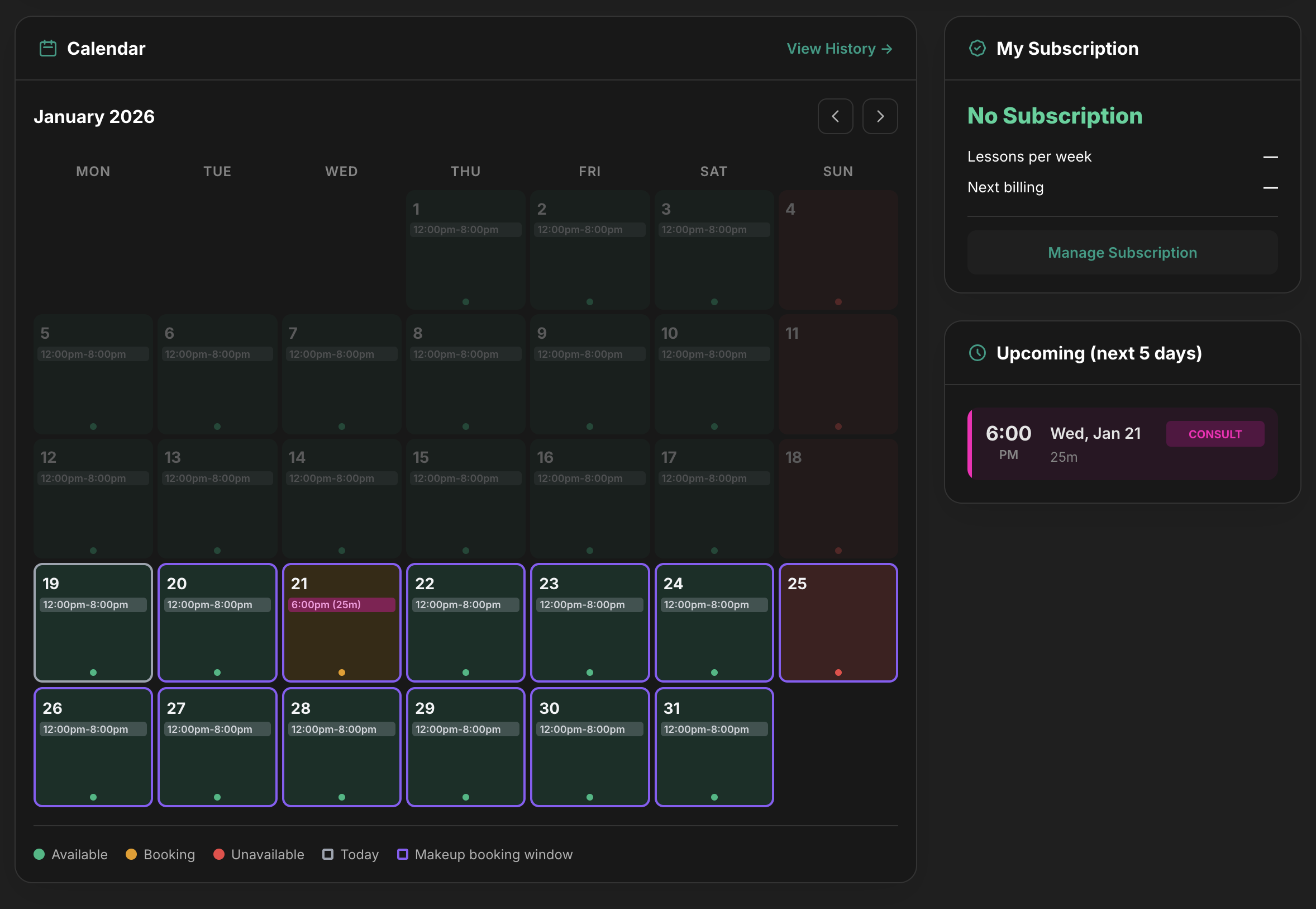 Xinhua booking calendar